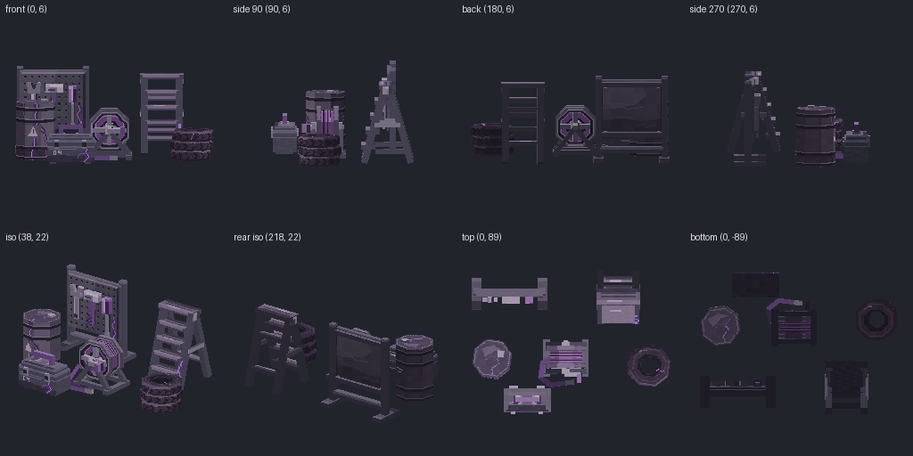 Suburban garage set from eight angles