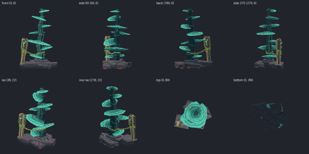 Teal shelf-fungus tree from eight angles
