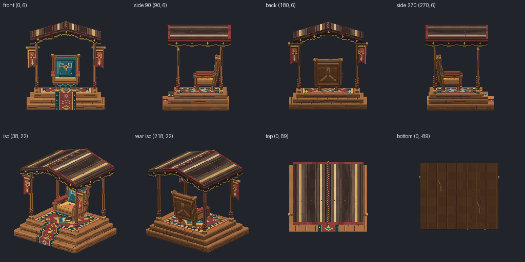 Throne dais with a canopy and banners from eight angles