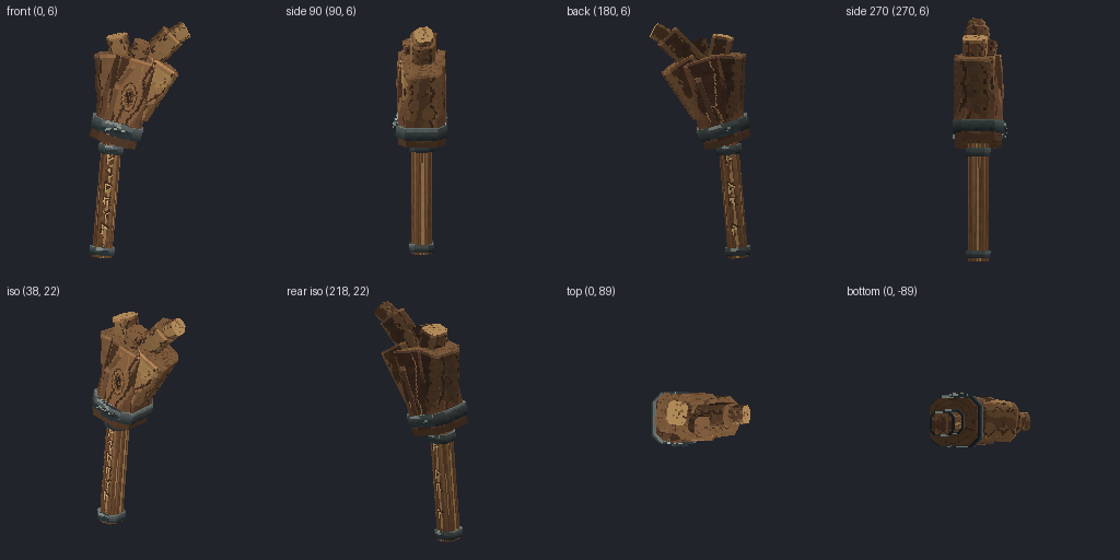 Tree-root great club from eight angles