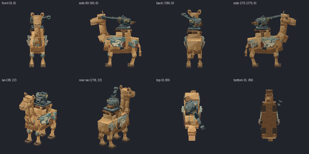 War camel with a swivel gun from eight angles