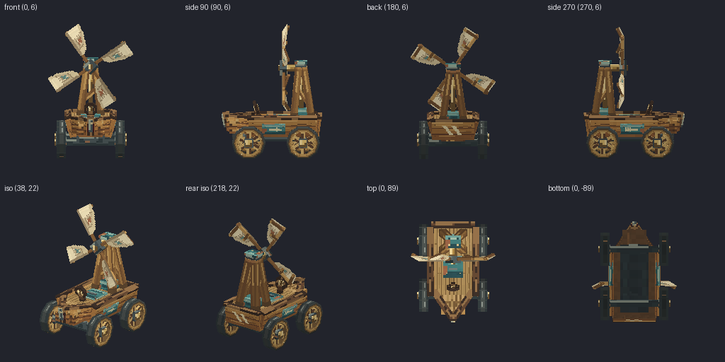 Windmill-sailed land ship from eight angles